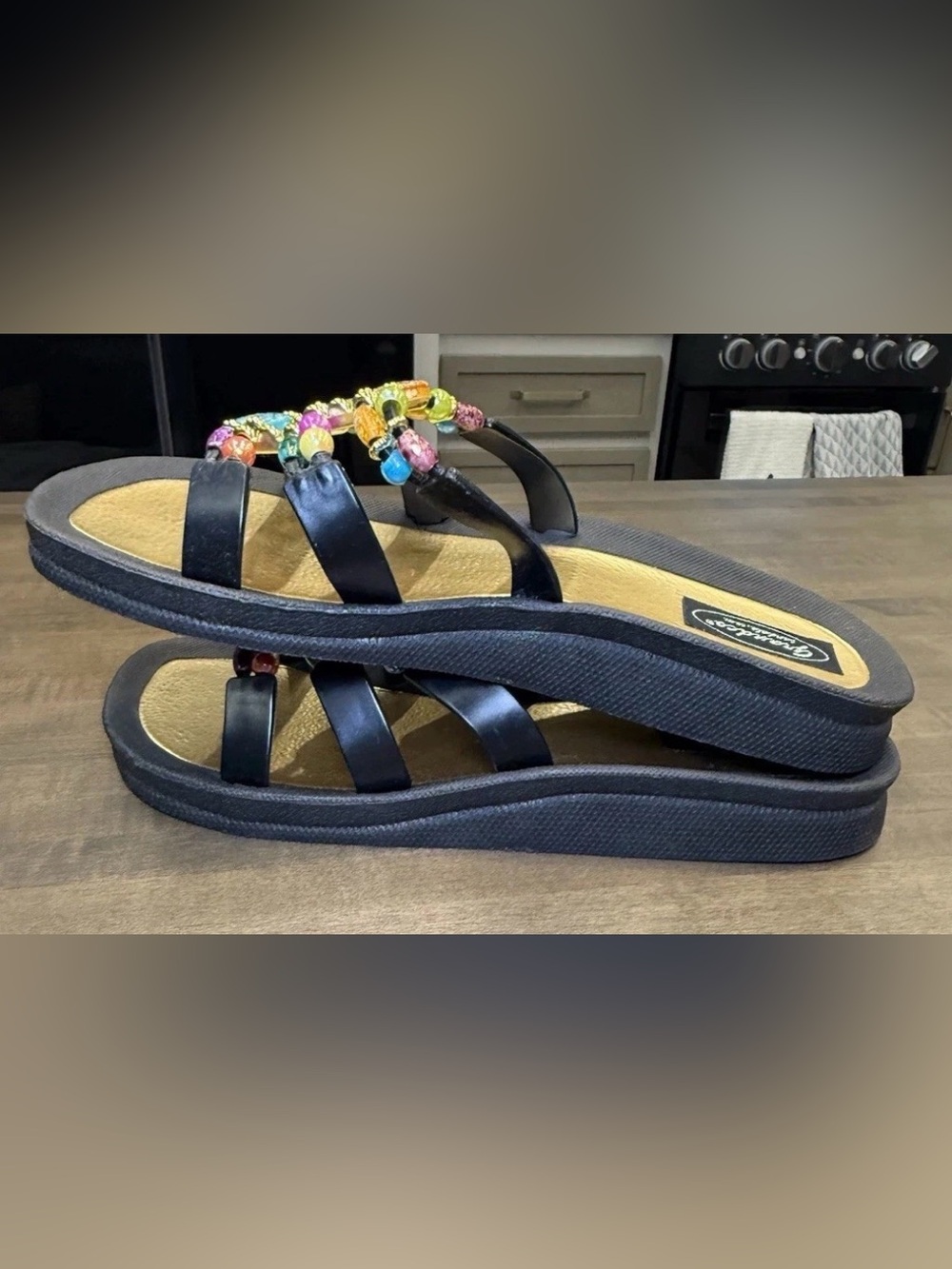 GRANDCO SANDALS Beach Pool SLIDE Sz 10 BLING Color Beads BLACK SLIDE Flip Flops - Picture 5 of 10